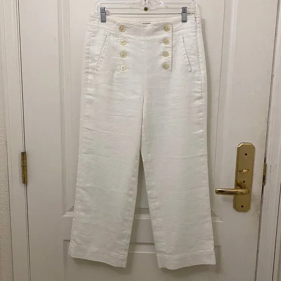 J. Crew Sailor Style White High Waisted Cropped Wide Leg Linen Blend Pants Sz. 6 - Picture 1 of 9